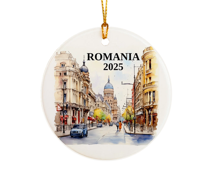 Custom Romania ceramic photo ornament with personalized message – handmade Christmas bauble, gift souvenir, or vacation keepsake. 