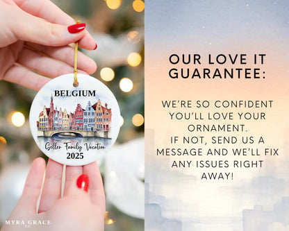Custom vacation Belgium ceramic photo ornament with personalized message – handmade Christmas bauble, gift souvenir, or vacation keepsake. Love it guarantee