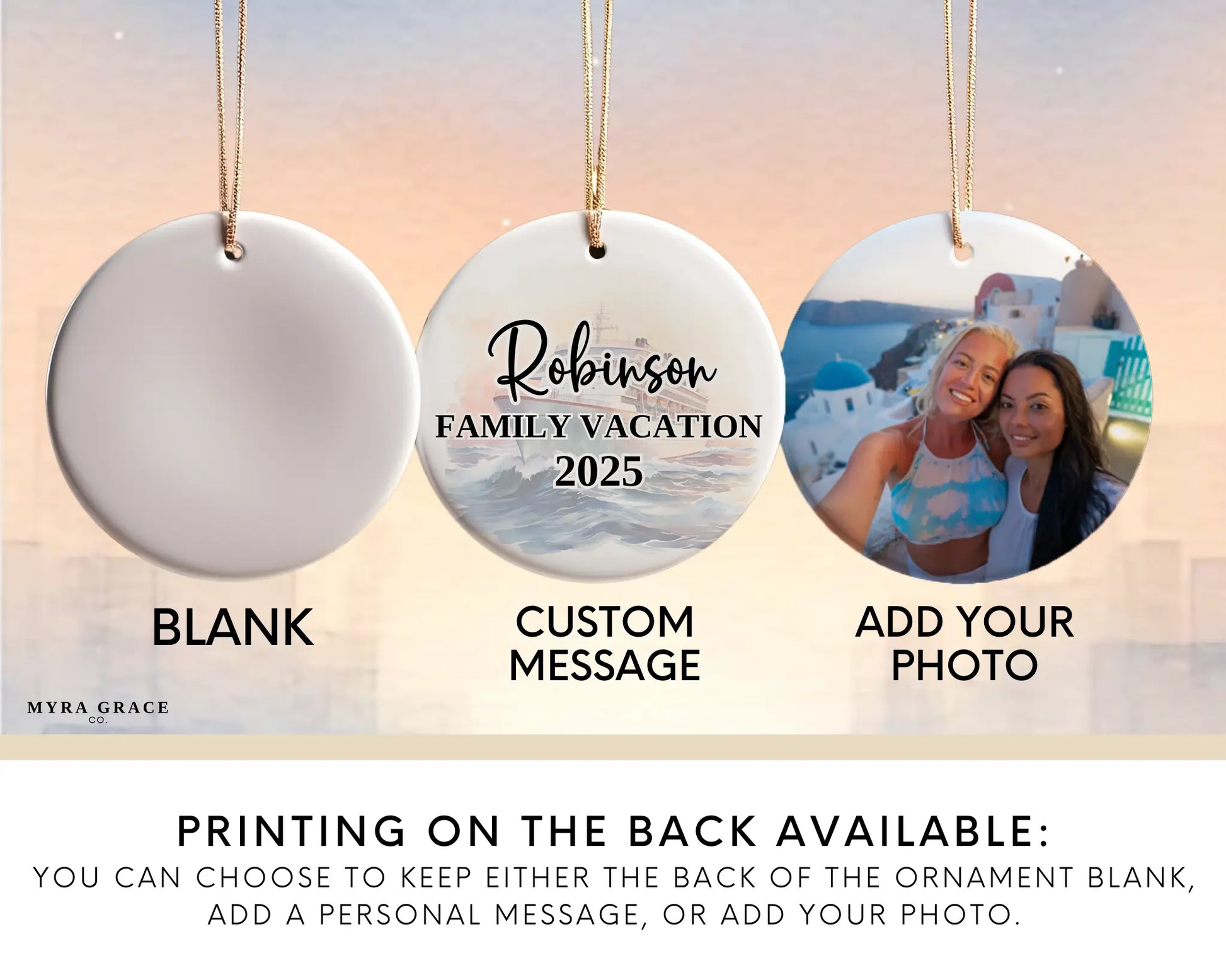 Handmade ceramic Mediterranean cruise ornament with personalized location and photo – custom Christmas bauble or cruise vacation souvenir. Add your photo
