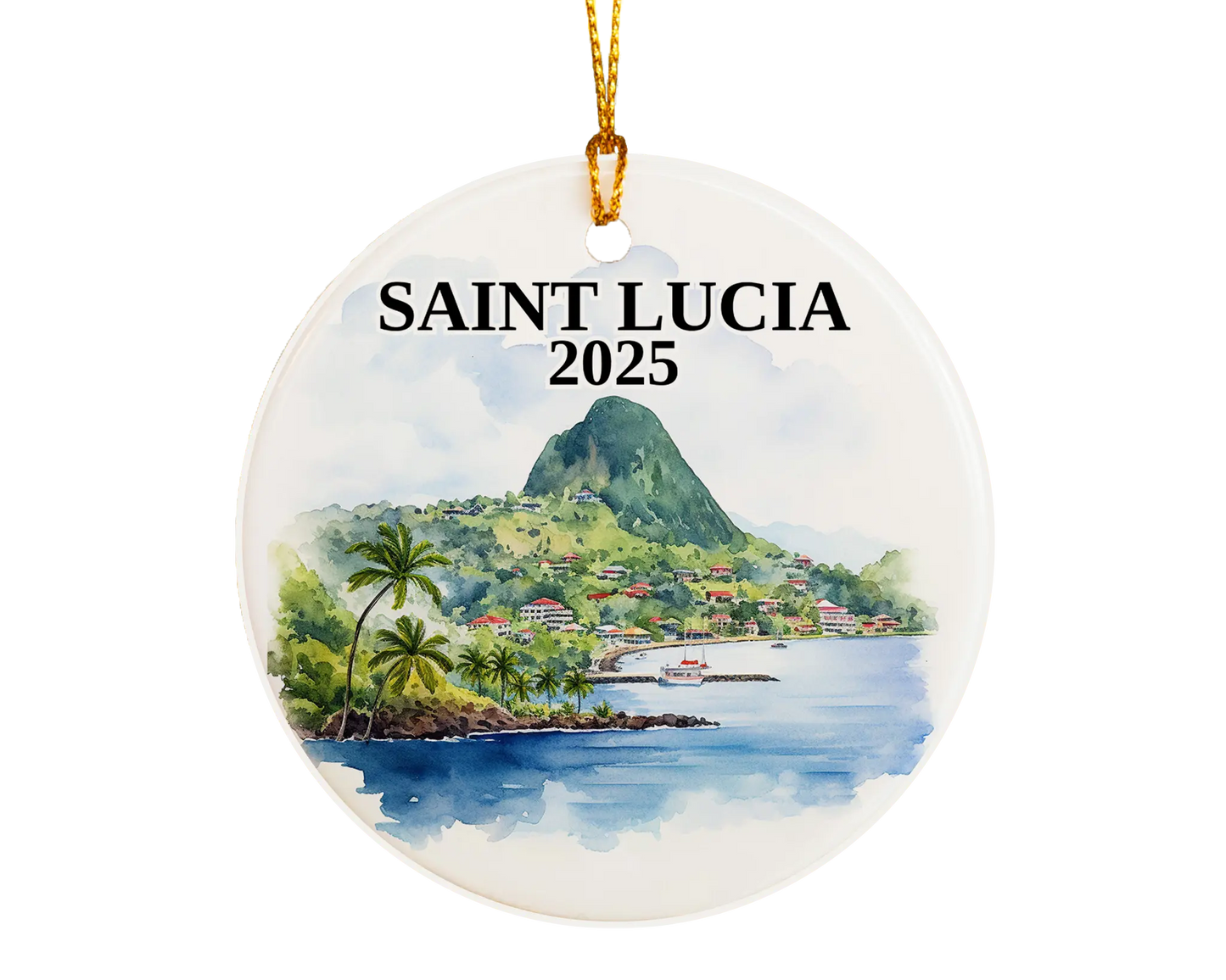 Custom Saint Lucia ceramic photo ornament with personalized message – handmade Christmas bauble, gift souvenir, or vacation keepsake. 