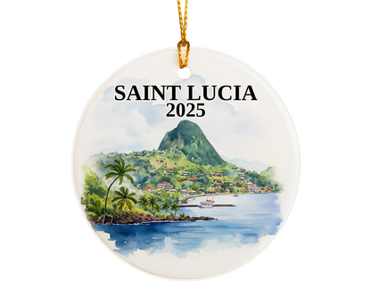 Custom Saint Lucia ceramic photo ornament with personalized message – handmade Christmas bauble, gift souvenir, or vacation keepsake. 