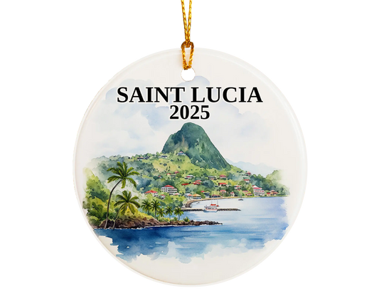 Custom Saint Lucia ceramic photo ornament with personalized message – handmade Christmas bauble, gift souvenir, or vacation keepsake. 