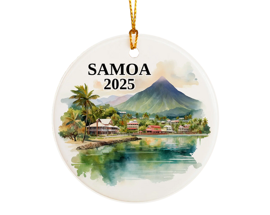 Custom Samoa ceramic photo ornament with personalized message – handmade Christmas bauble, gift souvenir, or vacation keepsake. 