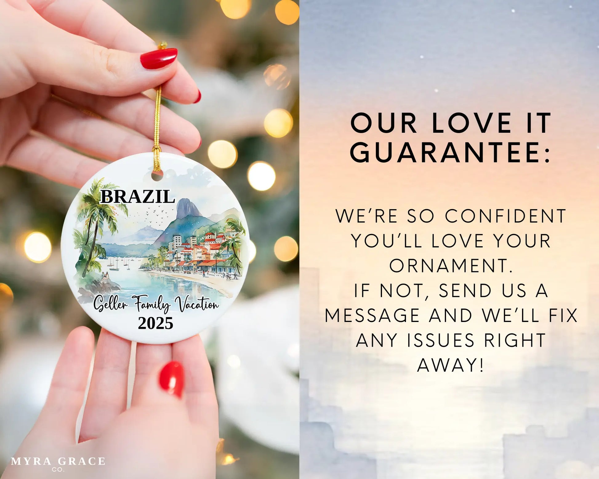 Custom vacation Brazil ceramic photo ornament with personalized message – handmade Christmas bauble, gift souvenir, or vacation keepsake. Love it guarantee