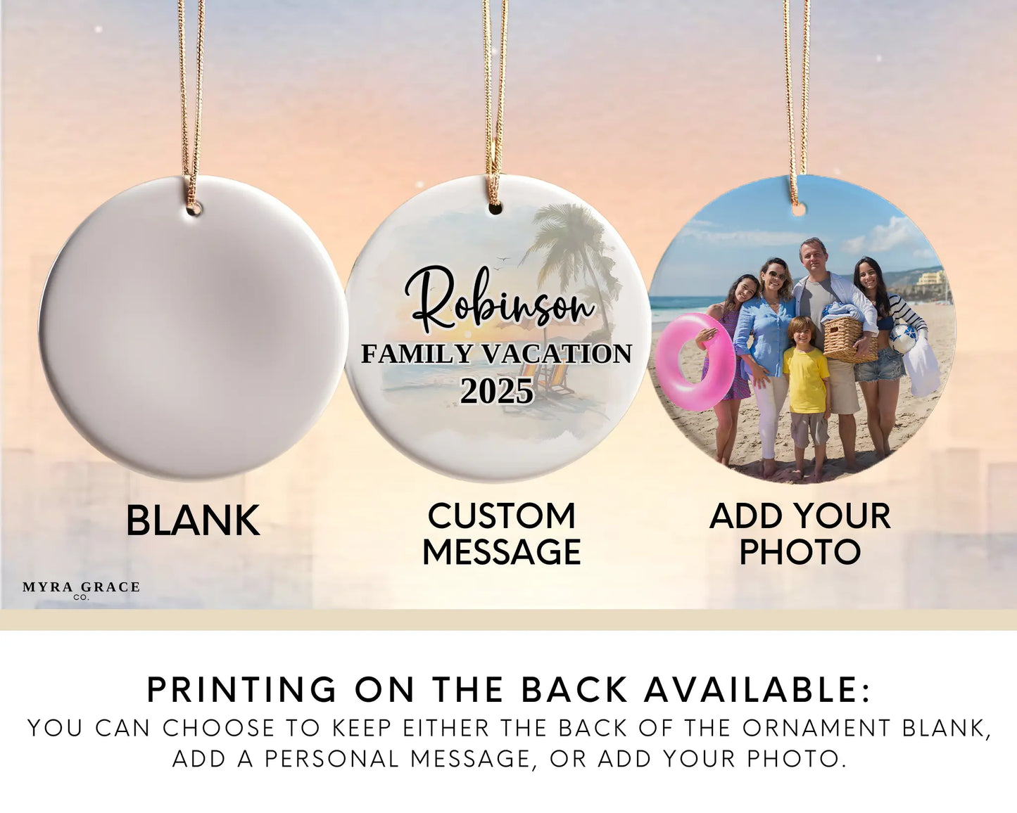 Custom vacation ceramic photo ornament with personalized message – handmade Christmas bauble, gift souvenir, or vacation keepsake. Add your photo