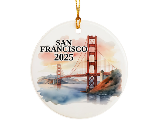 Custom San Francisco ceramic photo ornament with personalized message – handmade Christmas bauble, gift souvenir, or vacation keepsake. 