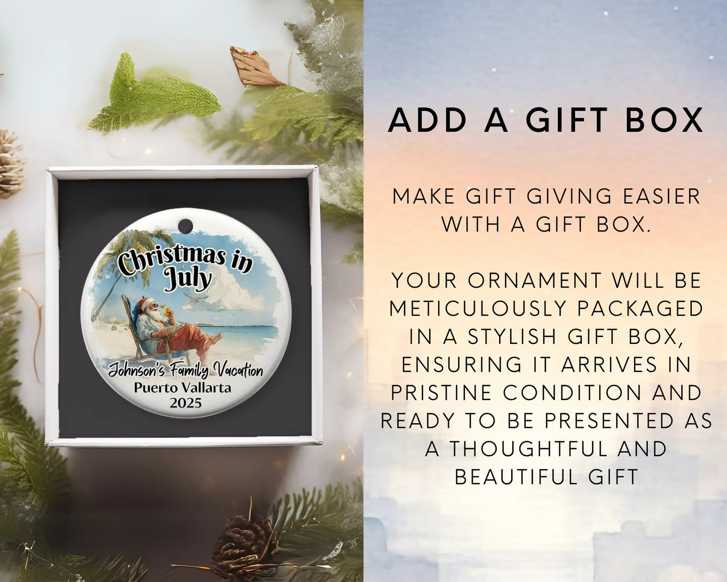Custom vacation ceramic photo ornament with personalized message – handmade Christmas bauble, gift souvenir, or vacation keepsake. Christmas in July. Add gift box
