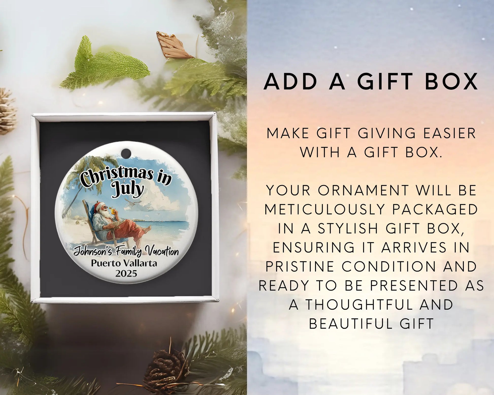 Custom vacation ceramic photo ornament with personalized message – handmade Christmas bauble, gift souvenir, or vacation keepsake. Christmas in July. Add gift box