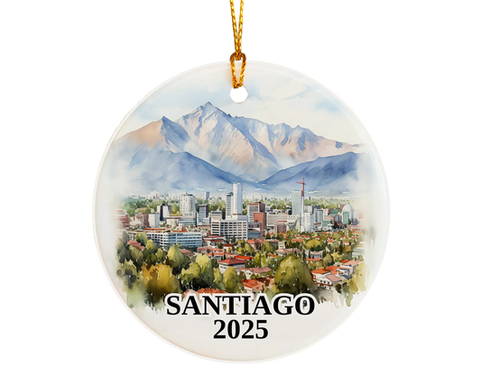 Custom Santiago Chile ceramic photo ornament with personalized message – handmade Christmas bauble, gift souvenir, or vacation keepsake. 