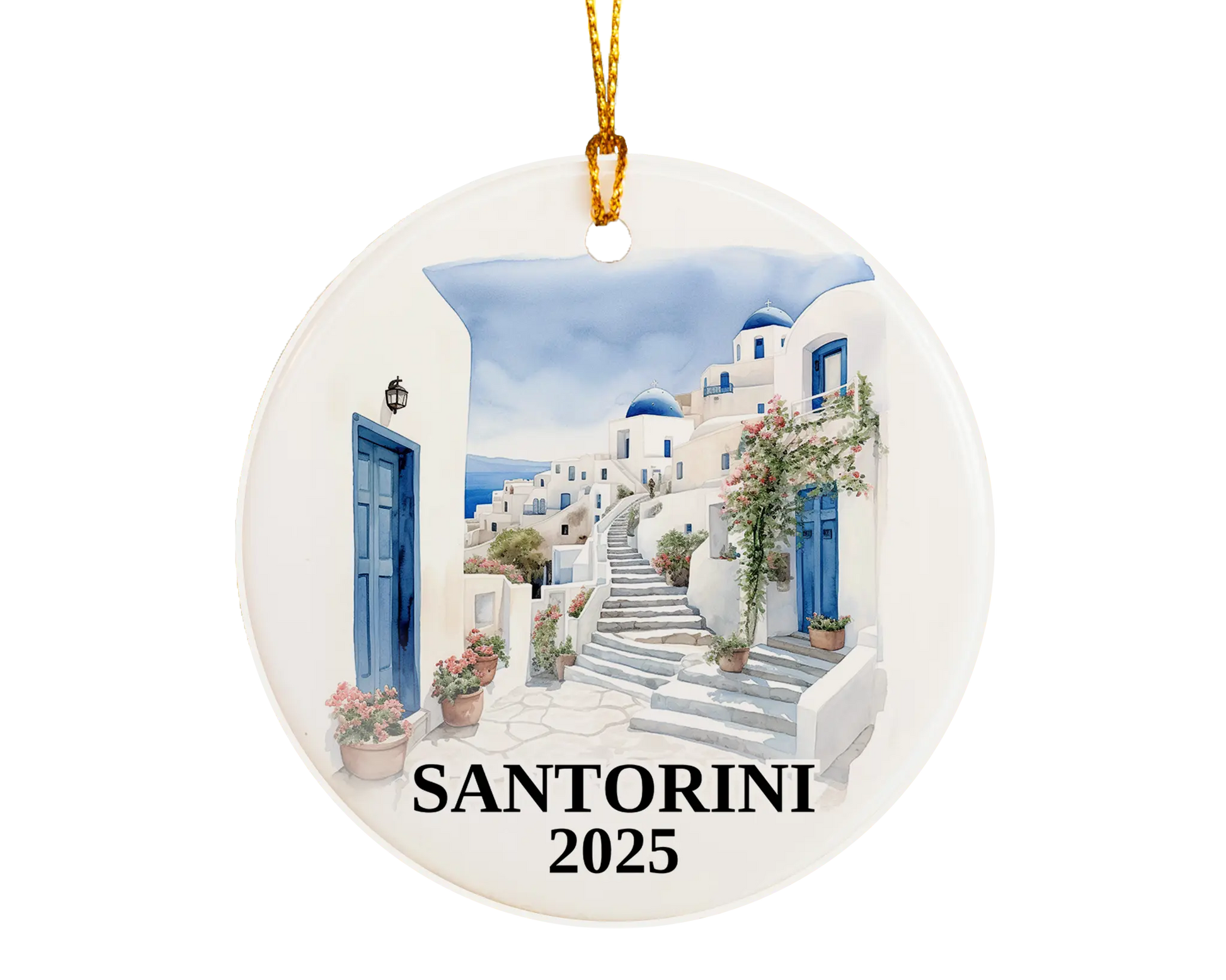Custom Santorini Greece ceramic photo ornament with personalized message – handmade Christmas bauble, gift souvenir, or vacation keepsake. 