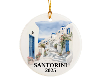 Custom Santorini Greece ceramic photo ornament with personalized message – handmade Christmas bauble, gift souvenir, or vacation keepsake. 