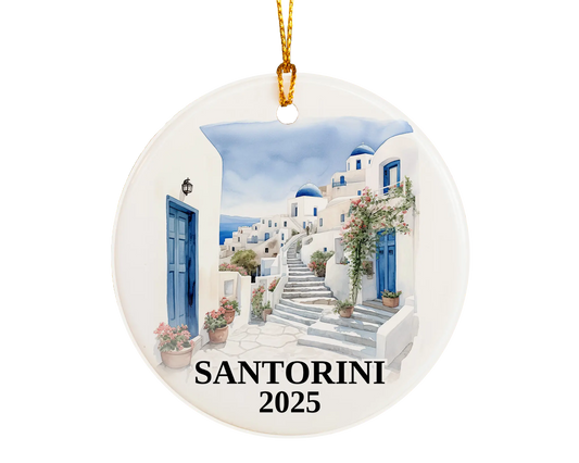 Custom Santorini Greece ceramic photo ornament with personalized message – handmade Christmas bauble, gift souvenir, or vacation keepsake. 