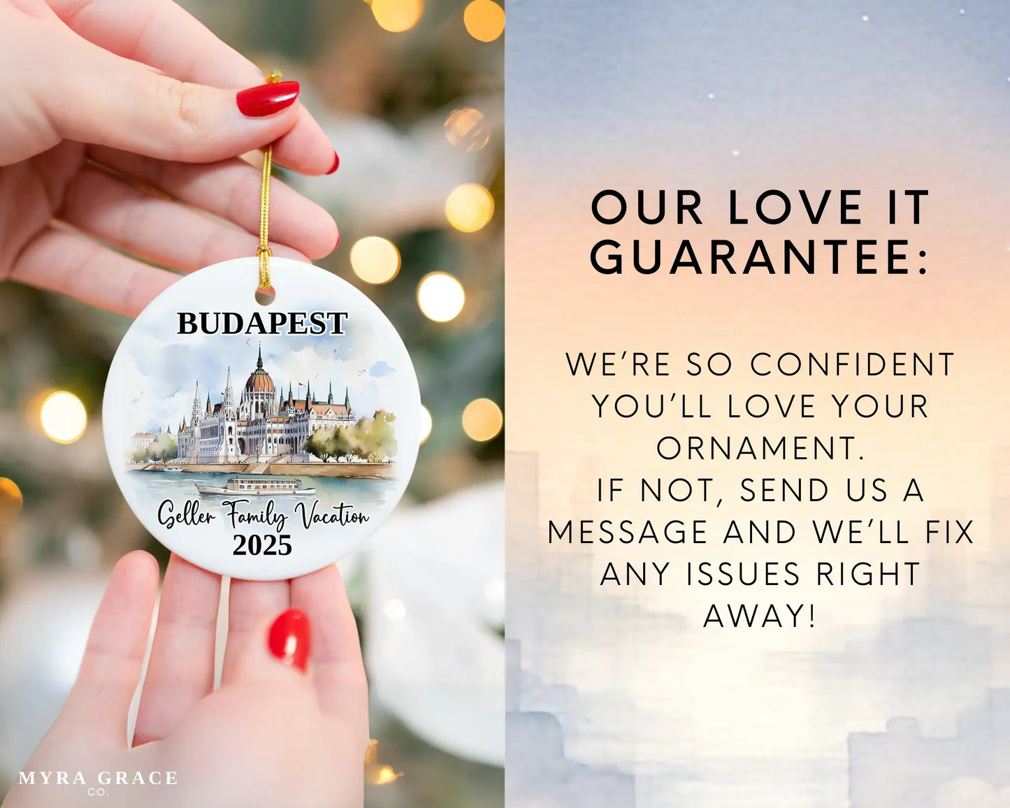 Custom vacation Budapest Hungary ceramic photo ornament with personalized message – handmade Christmas bauble, gift souvenir, or vacation keepsake. Love it guarantee