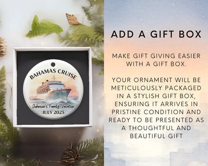 Handmade ceramic Bahamas cruise ornament with personalized location and photo – custom Christmas bauble or cruise vacation souvenir. Add gift box