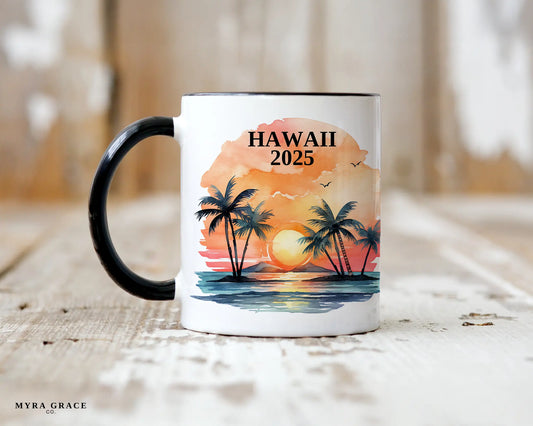 Custom ceramic Hawaii vacation mug with watercolor location design, date, and personal photo – personalized travel gift or photo mug. 