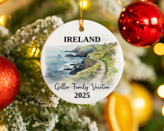 Custom vacation Ireland Cliffs of Moher ceramic photo ornament with personalized message – handmade Christmas bauble, gift souvenir, or vacation keepsake. 