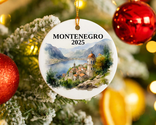 Custom Montenegro ceramic photo ornament with personalized message – handmade Christmas bauble, gift souvenir, or vacation keepsake.  