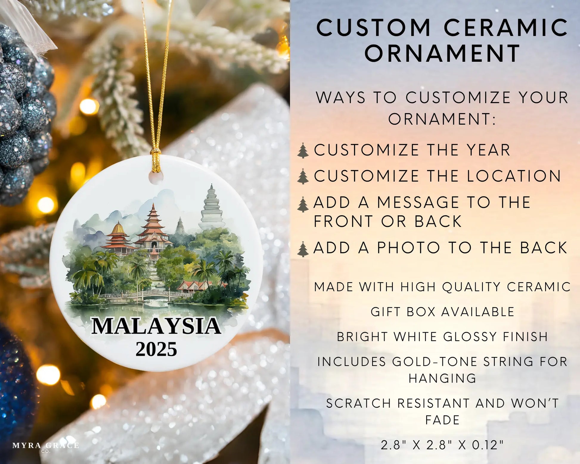 Malaysia Ornament Custom Gift Souvenir Bauble. Custom Malaysia ceramic photo ornament with personalized message – handmade Christmas bauble, gift souvenir, or vacation keepsake.  Infographic