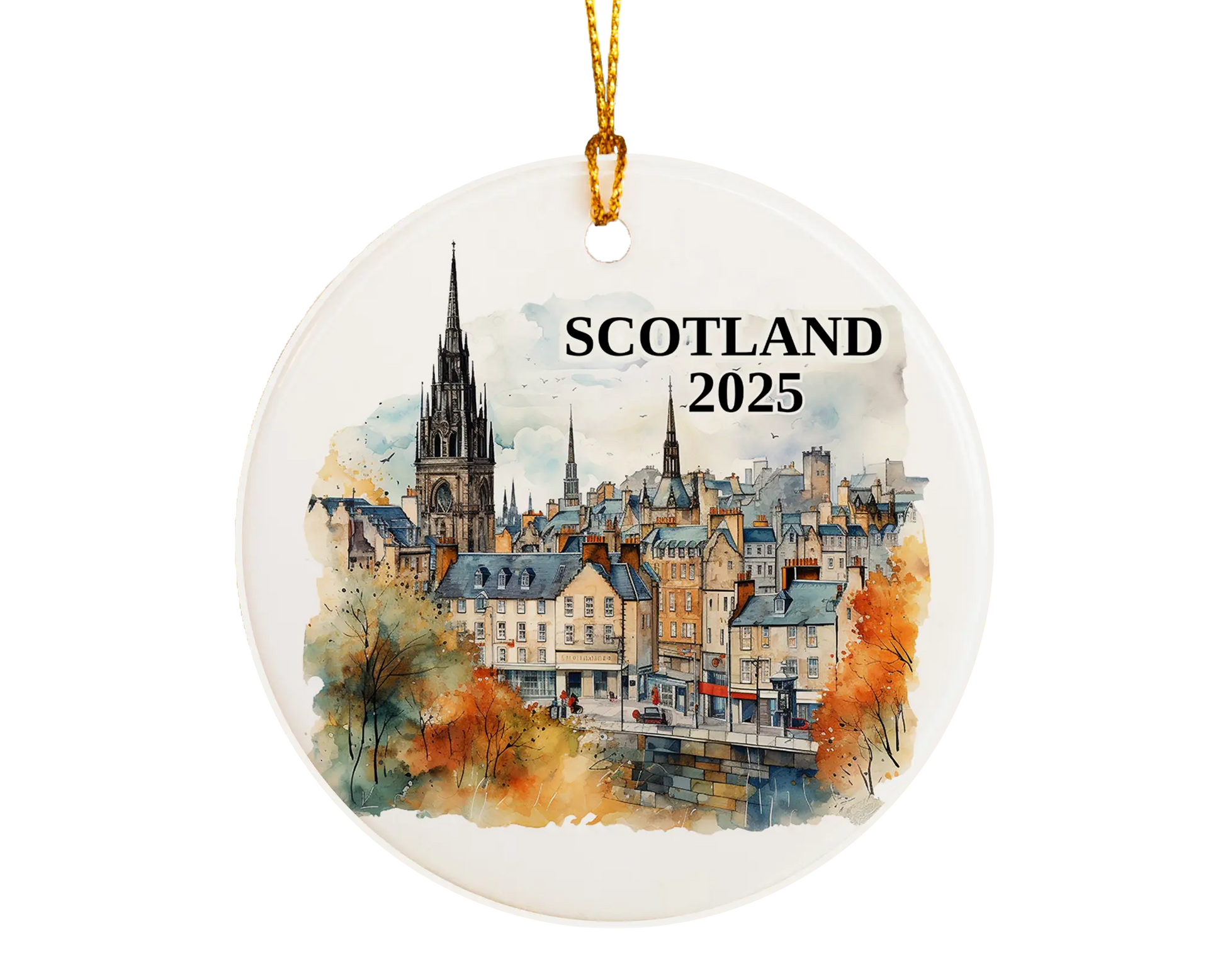 Custom Scotland Edinburgh ceramic photo ornament with personalized message – handmade Christmas bauble, gift souvenir, or vacation keepsake. 
