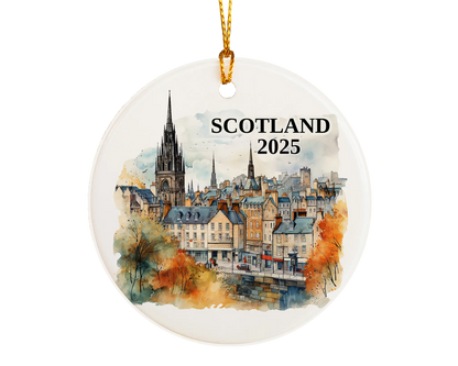 Custom Scotland Edinburgh ceramic photo ornament with personalized message – handmade Christmas bauble, gift souvenir, or vacation keepsake. 