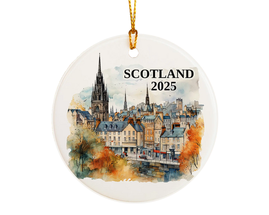 Custom Scotland Edinburgh ceramic photo ornament with personalized message – handmade Christmas bauble, gift souvenir, or vacation keepsake. 