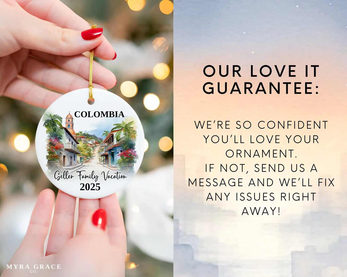 Custom vacation Colombia ceramic photo ornament with personalized message – handmade Christmas bauble, gift souvenir, or vacation keepsake. Love it guarantee
