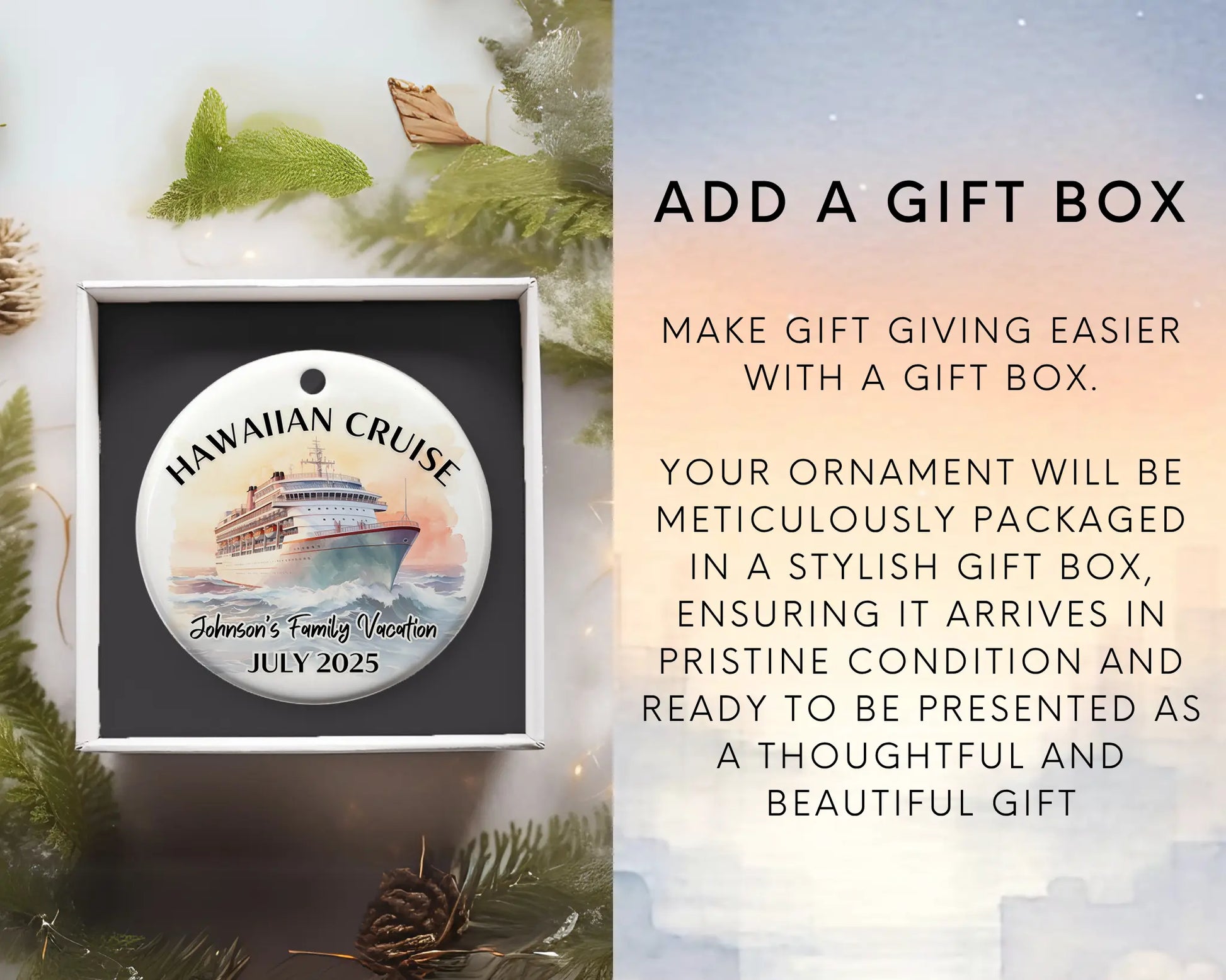 Handmade ceramic Hawaii cruise ornament with personalized location and photo – custom Christmas bauble or cruise vacation souvenir. Add gift box