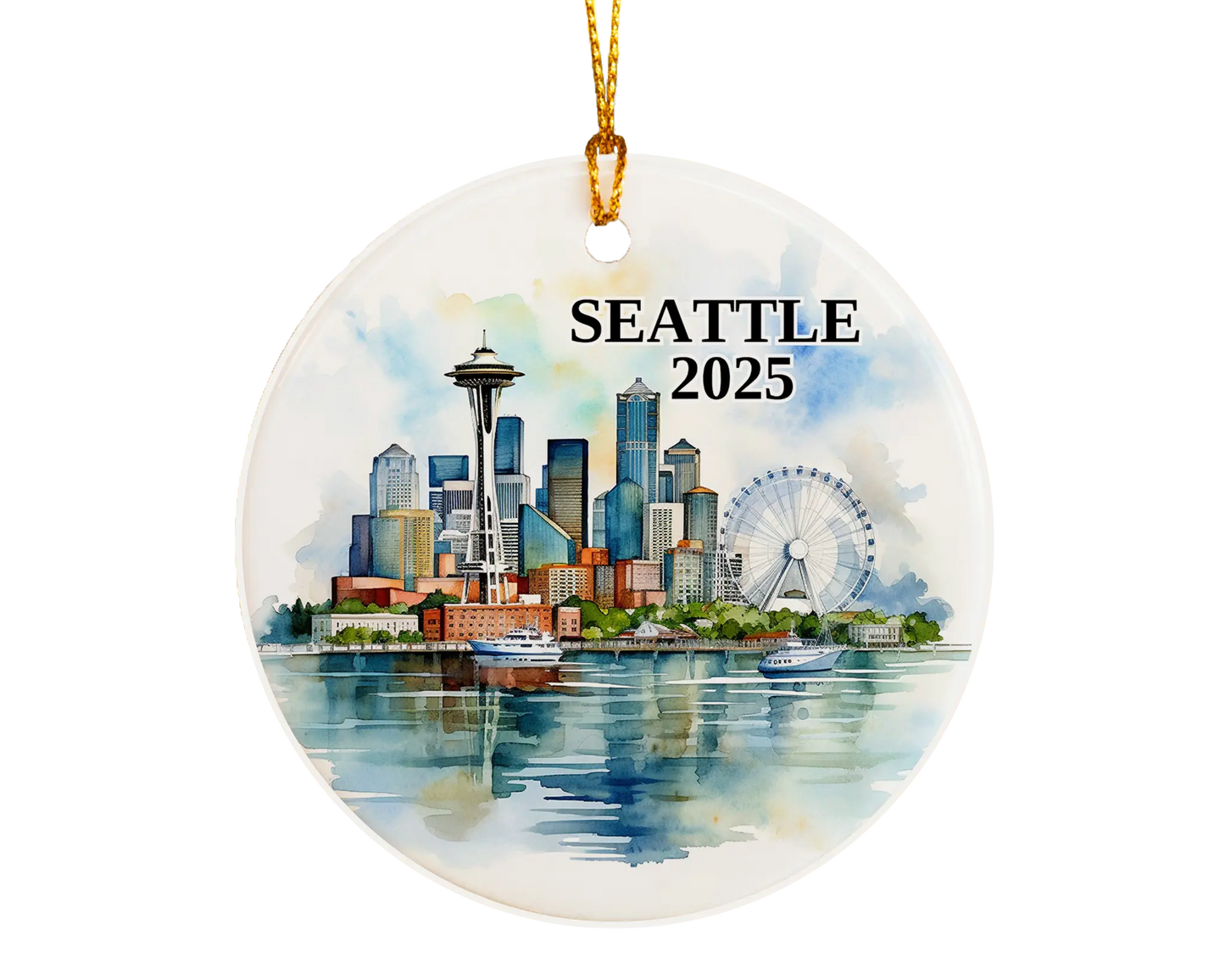 Custom Seattle ceramic photo ornament with personalized message – handmade Christmas bauble, gift souvenir, or vacation keepsake. 
