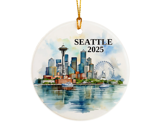 Custom Seattle ceramic photo ornament with personalized message – handmade Christmas bauble, gift souvenir, or vacation keepsake. 
