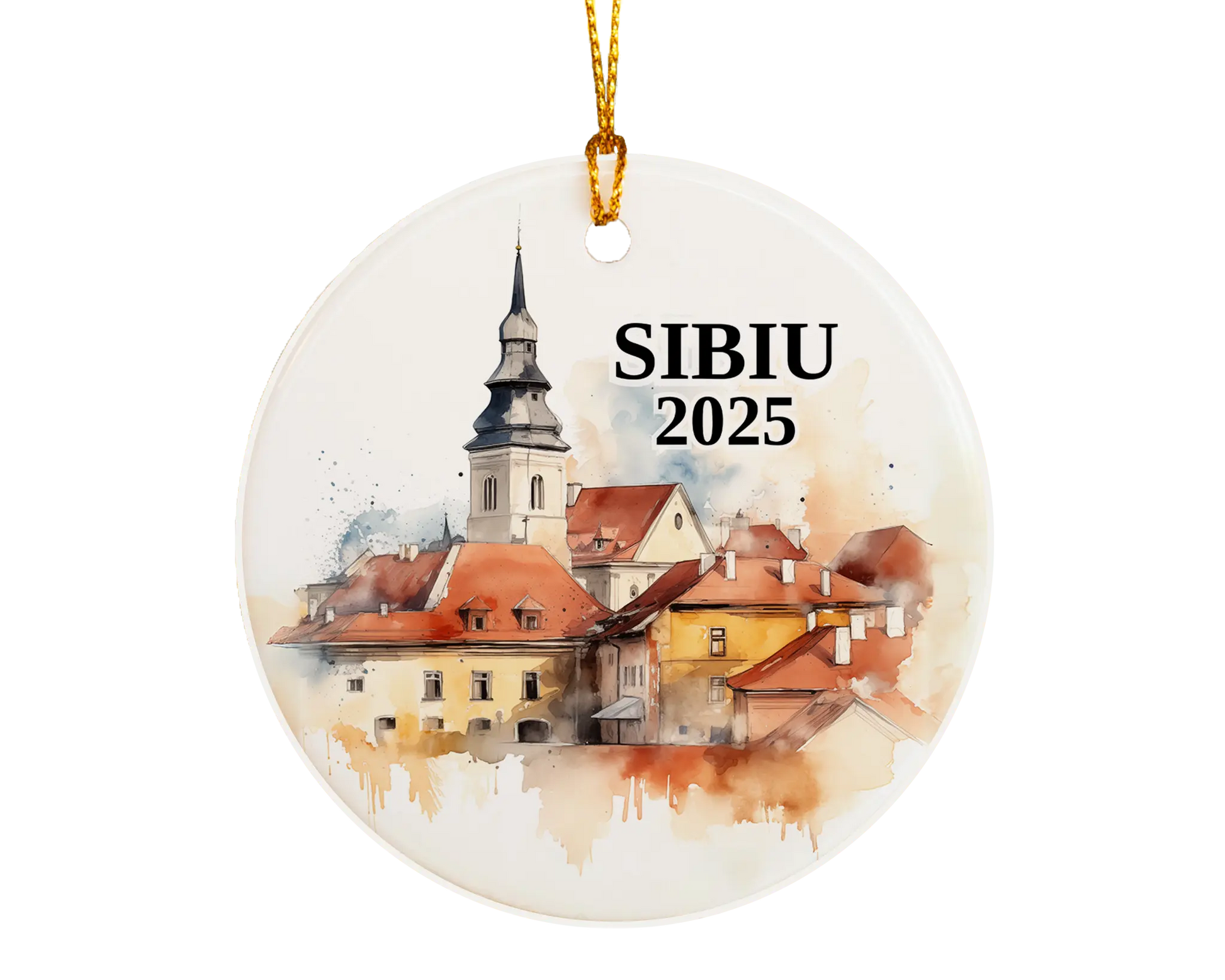 Custom Sibiu Romania ceramic photo ornament with personalized message – handmade Christmas bauble, gift souvenir, or vacation keepsake. 