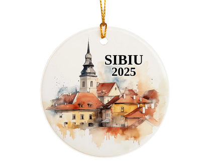Custom Sibiu Romania ceramic photo ornament with personalized message – handmade Christmas bauble, gift souvenir, or vacation keepsake. 