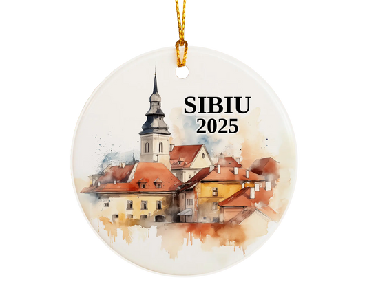 Custom Sibiu Romania ceramic photo ornament with personalized message – handmade Christmas bauble, gift souvenir, or vacation keepsake. 