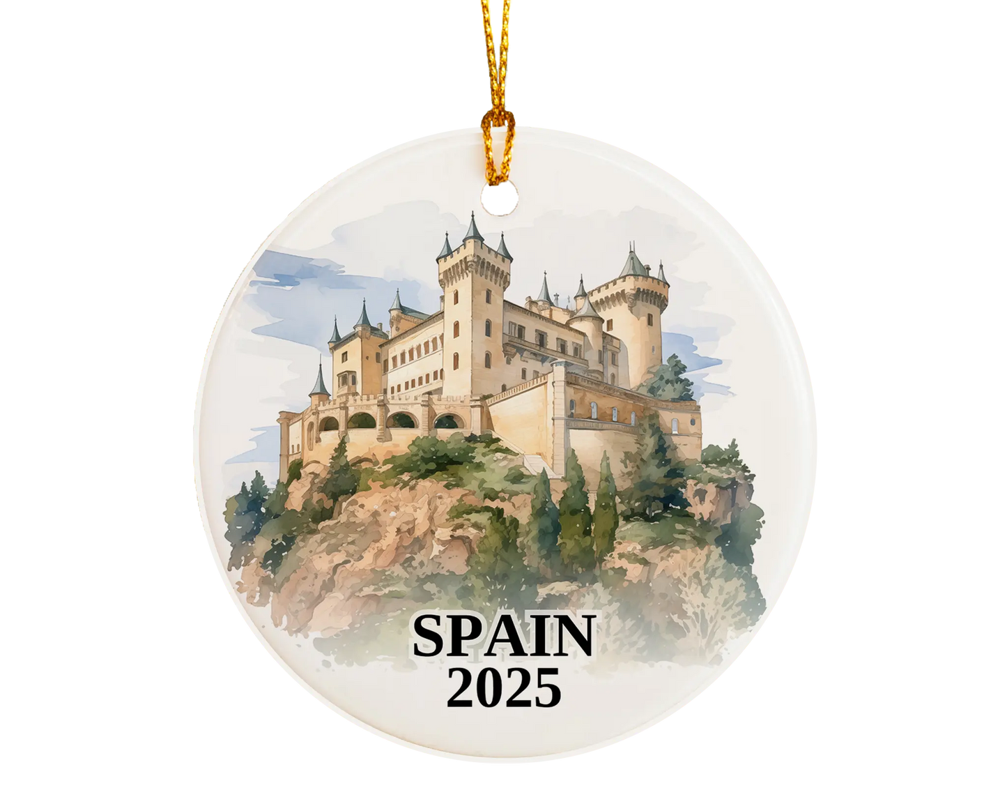 Custom Spain ceramic photo ornament with personalized message – handmade Christmas bauble, gift souvenir, or vacation keepsake. 