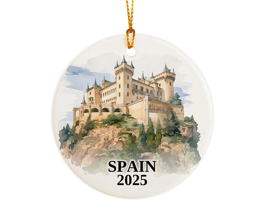 Custom Spain ceramic photo ornament with personalized message – handmade Christmas bauble, gift souvenir, or vacation keepsake. 