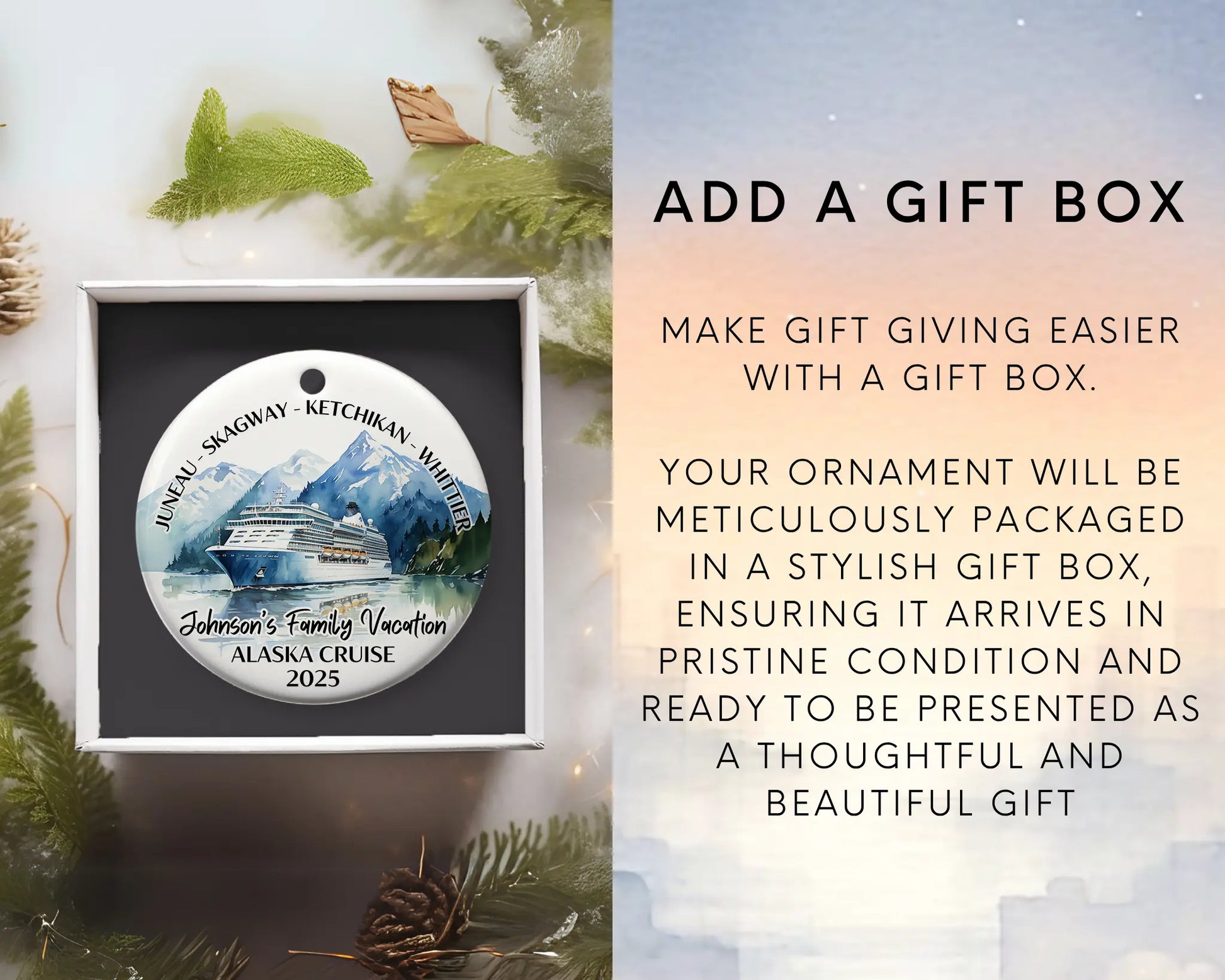 Handmade ceramic Alaska cruise ornament with personalized location and photo – custom Christmas bauble or cruise vacation souvenir. Add gift box