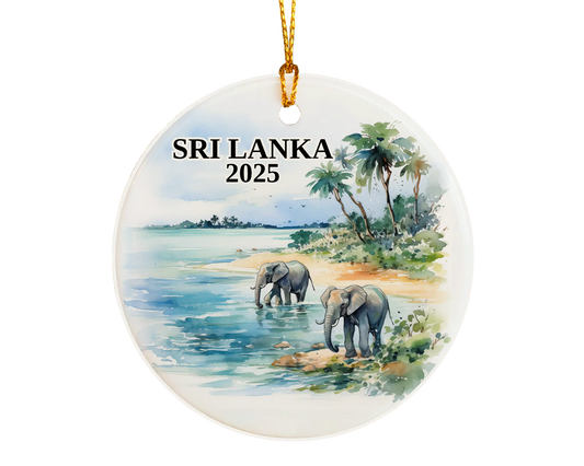Custom Sri Lanka ceramic photo ornament with personalized message – handmade Christmas bauble, gift souvenir, or vacation keepsake. 