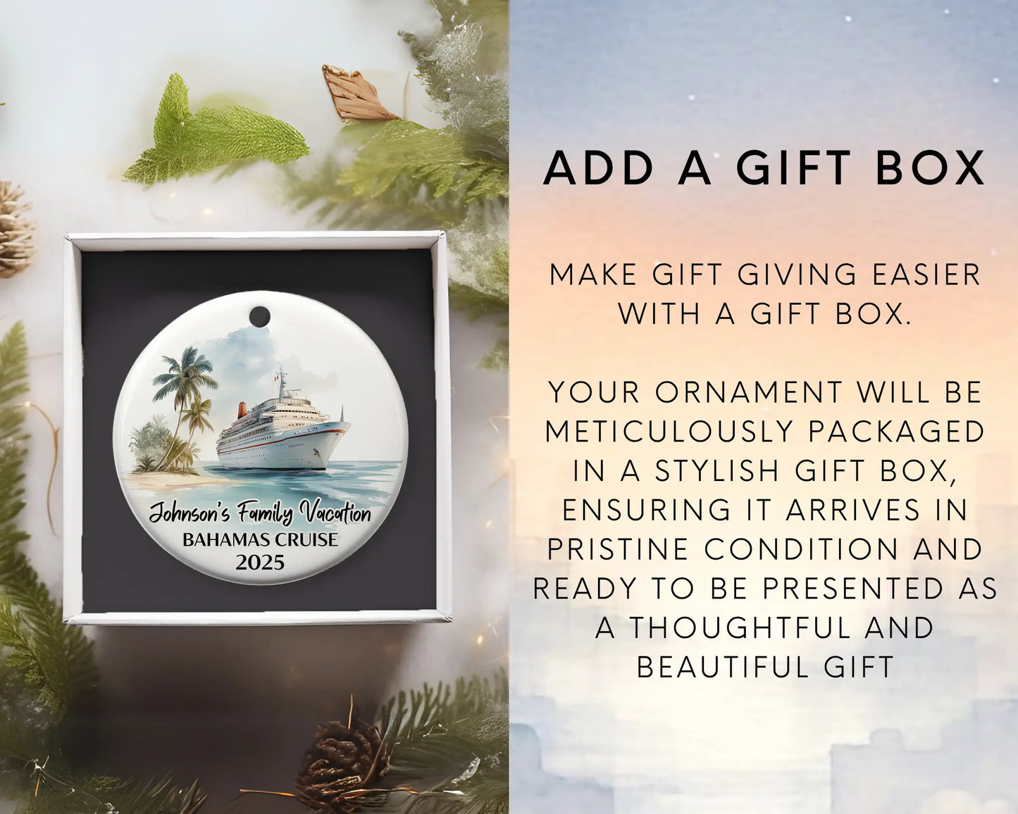 Handmade ceramic Bahamas cruise ornament with personalized location and photo – custom Christmas bauble or cruise vacation souvenir. Add gift box