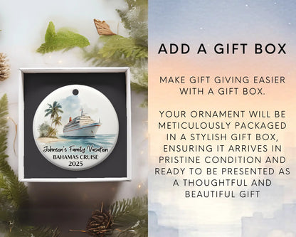 Handmade ceramic Bahamas cruise ornament with personalized location and photo – custom Christmas bauble or cruise vacation souvenir. Add gift box