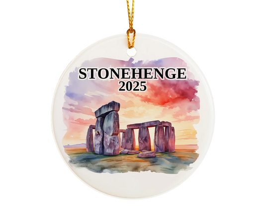 Custom Stonehenge ceramic photo ornament with personalized message – handmade Christmas bauble, gift souvenir, or vacation keepsake. 