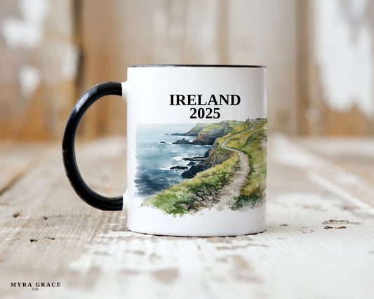 Custom ceramic Ireland Cliffs of Moher vacation mug with watercolor location design, date, and personal photo – personalized travel gift or photo mug. 