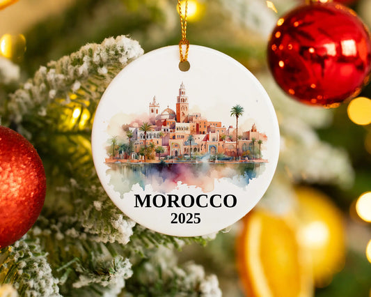 Custom Morocco ceramic photo ornament with personalized message – handmade Christmas bauble, gift souvenir, or vacation keepsake.  