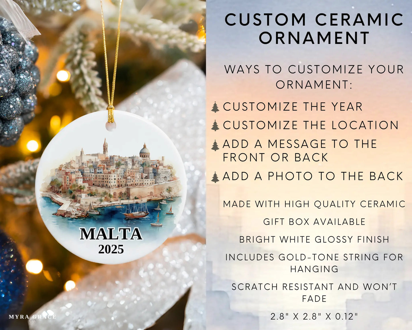 Malta Ornament Custom Gift Souvenir Bauble. Custom Malta ceramic photo ornament with personalized message – handmade Christmas bauble, gift souvenir, or vacation keepsake.  Infographic