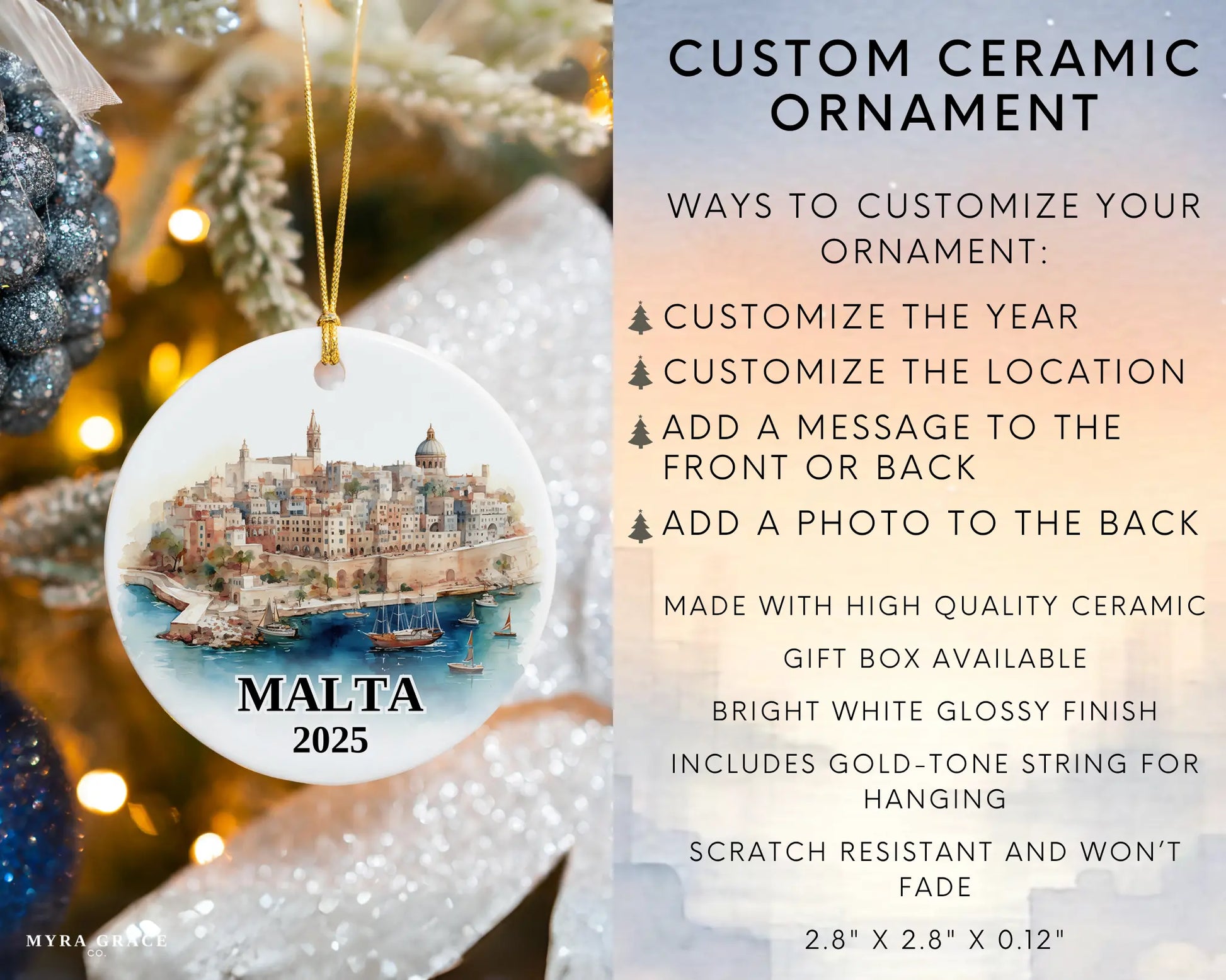 Malta Ornament Custom Gift Souvenir Bauble. Custom Malta ceramic photo ornament with personalized message – handmade Christmas bauble, gift souvenir, or vacation keepsake.  Infographic