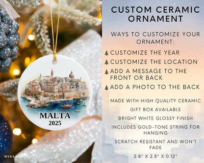 Malta Ornament Custom Gift Souvenir Bauble. Custom Malta ceramic photo ornament with personalized message – handmade Christmas bauble, gift souvenir, or vacation keepsake.  Infographic