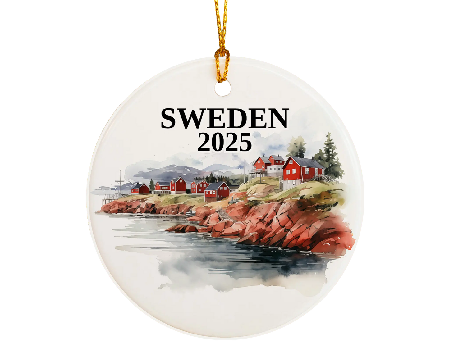 Custom Sweden ceramic photo ornament with personalized message – handmade Christmas bauble, gift souvenir, or vacation keepsake. 