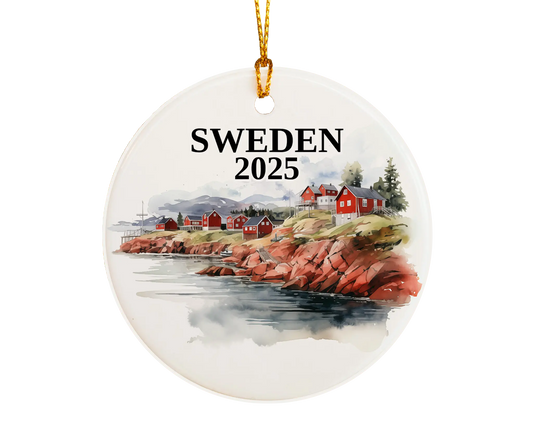 Custom Sweden ceramic photo ornament with personalized message – handmade Christmas bauble, gift souvenir, or vacation keepsake. 