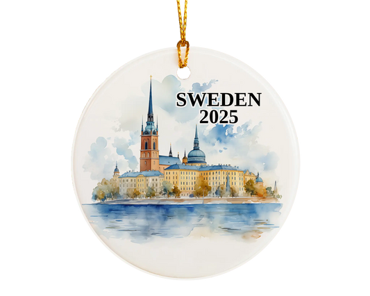 Custom Sweden ceramic photo ornament with personalized message – handmade Christmas bauble, gift souvenir, or vacation keepsake. 