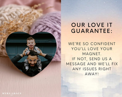 Heart-shaped custom new dad ceramic photo magnet on fridge – handmade personalized gift or Christmas fridge magnet. Love it guarantee