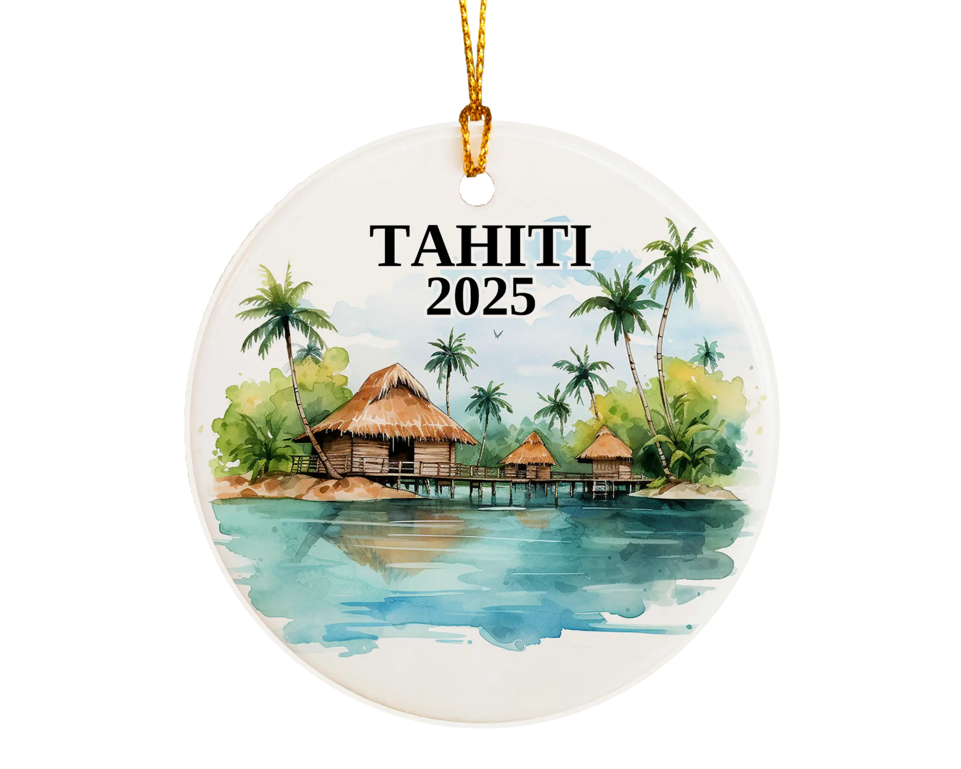 Custom Tahiti ceramic photo ornament with personalized message – handmade Christmas bauble, gift souvenir, or vacation keepsake. 