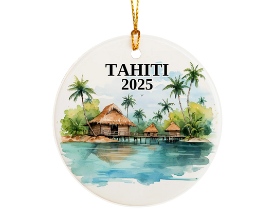 Custom Tahiti ceramic photo ornament with personalized message – handmade Christmas bauble, gift souvenir, or vacation keepsake. 